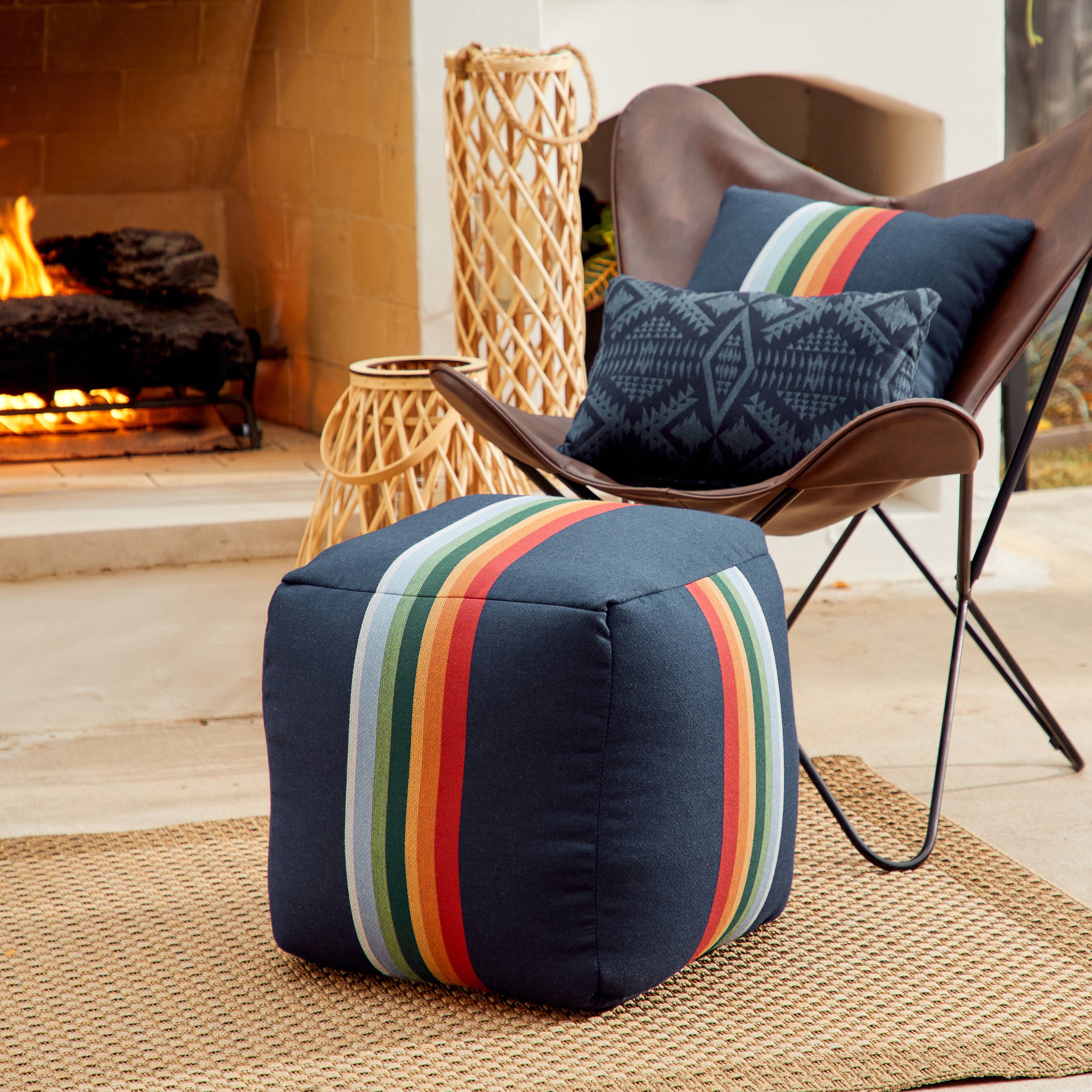 Sunbrella Pendleton Square Outdoor Bean Pouf - Crater Lake Surf
