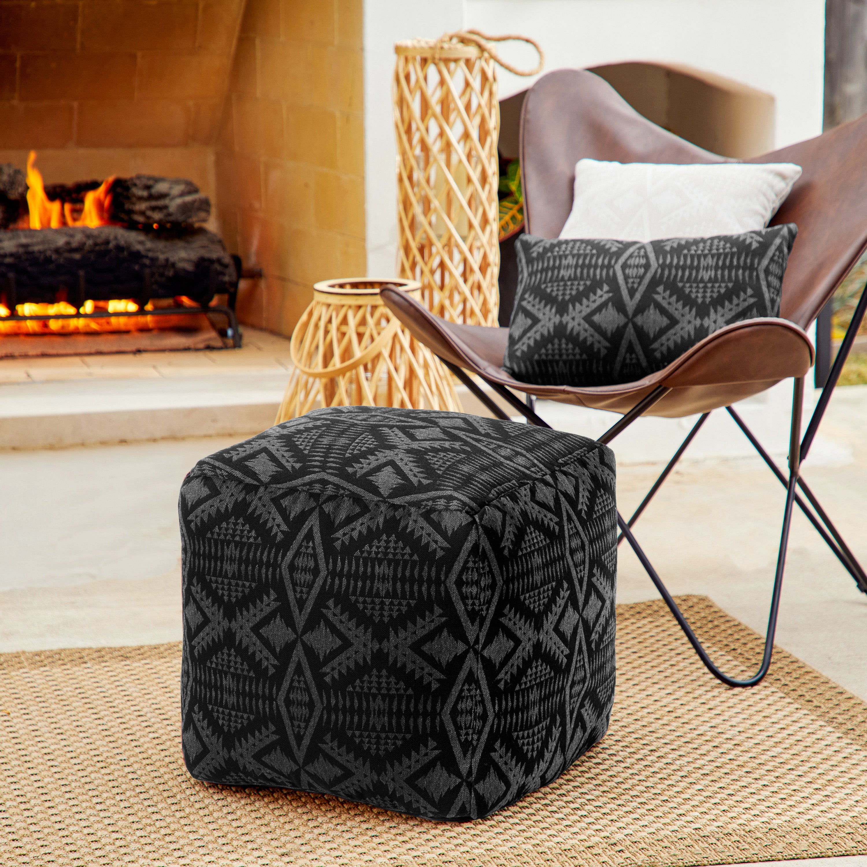 Sunbrella Pendleton Square Outdoor Bean Pouf - Diamond River Char