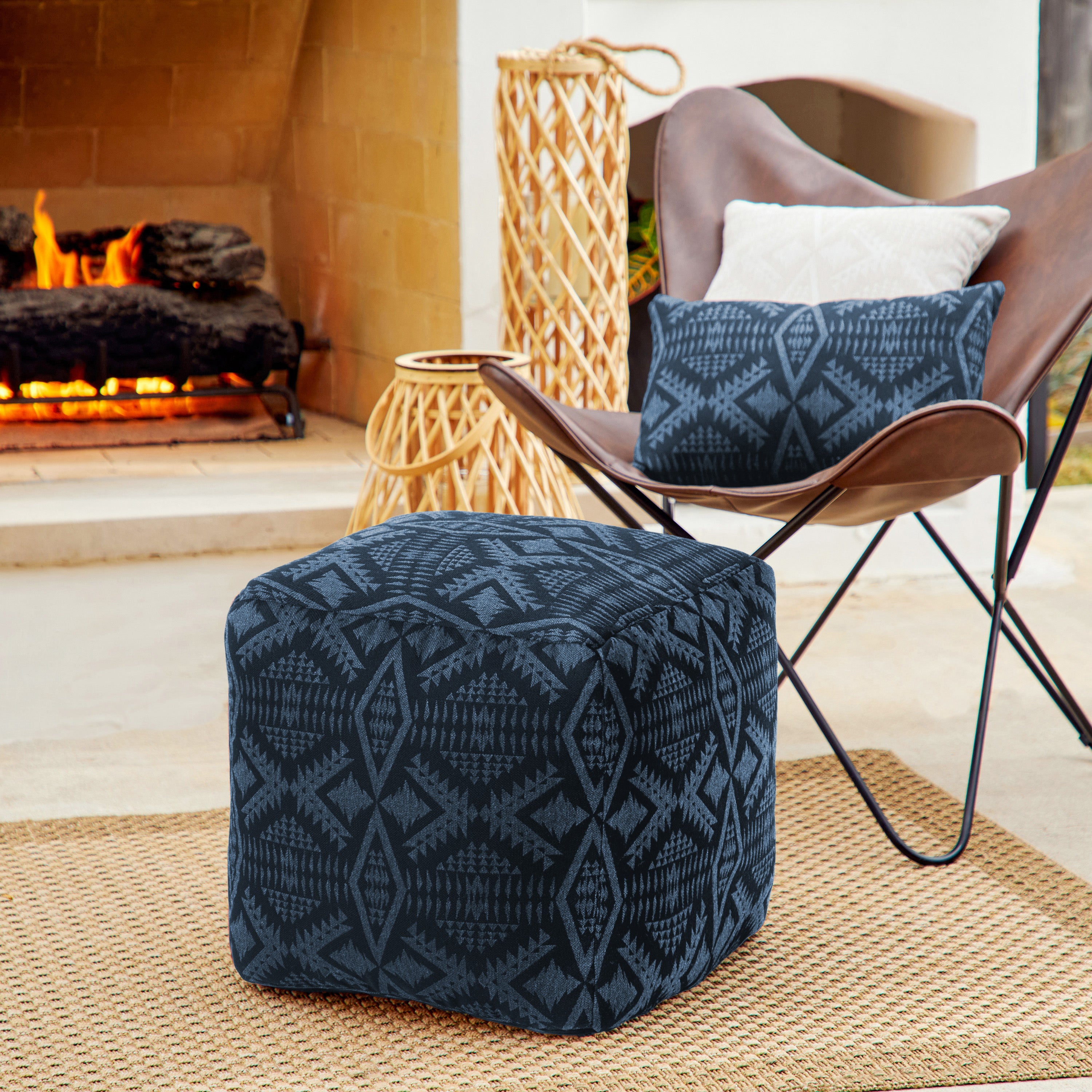 Sunbrella Pendleton Square Outdoor Bean Pouf - Diamond River Midnight