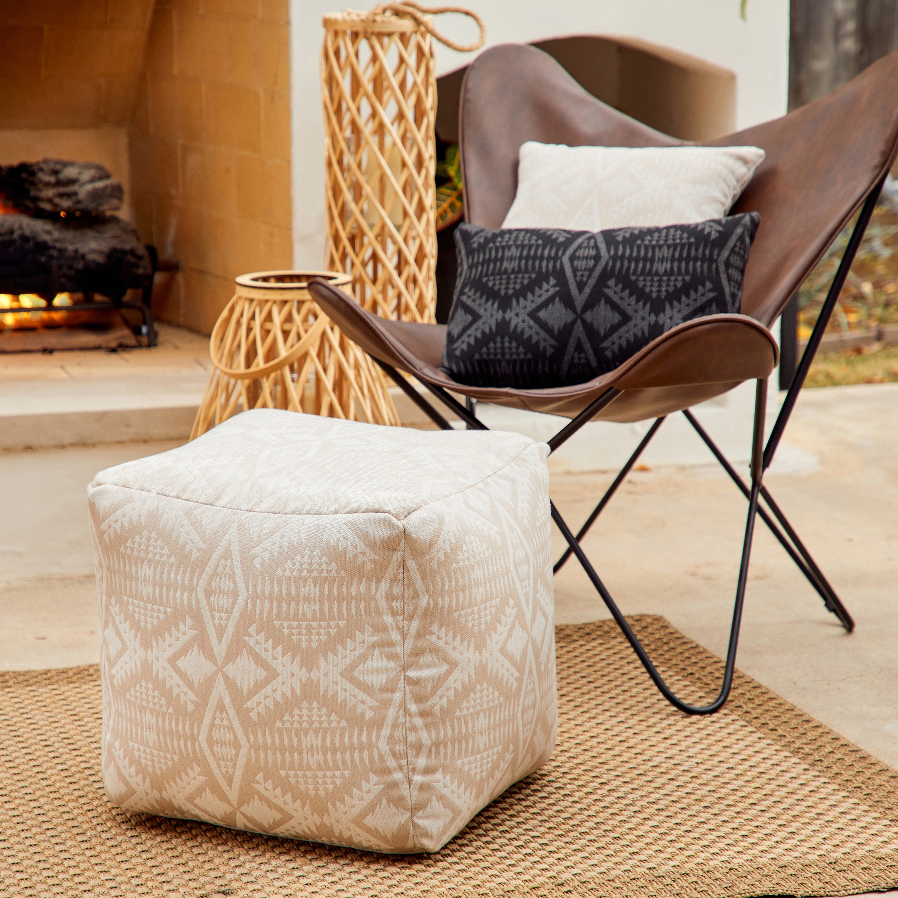 Sunbrella Pendleton Square Outdoor Bean Pouf - Diamond River Sand