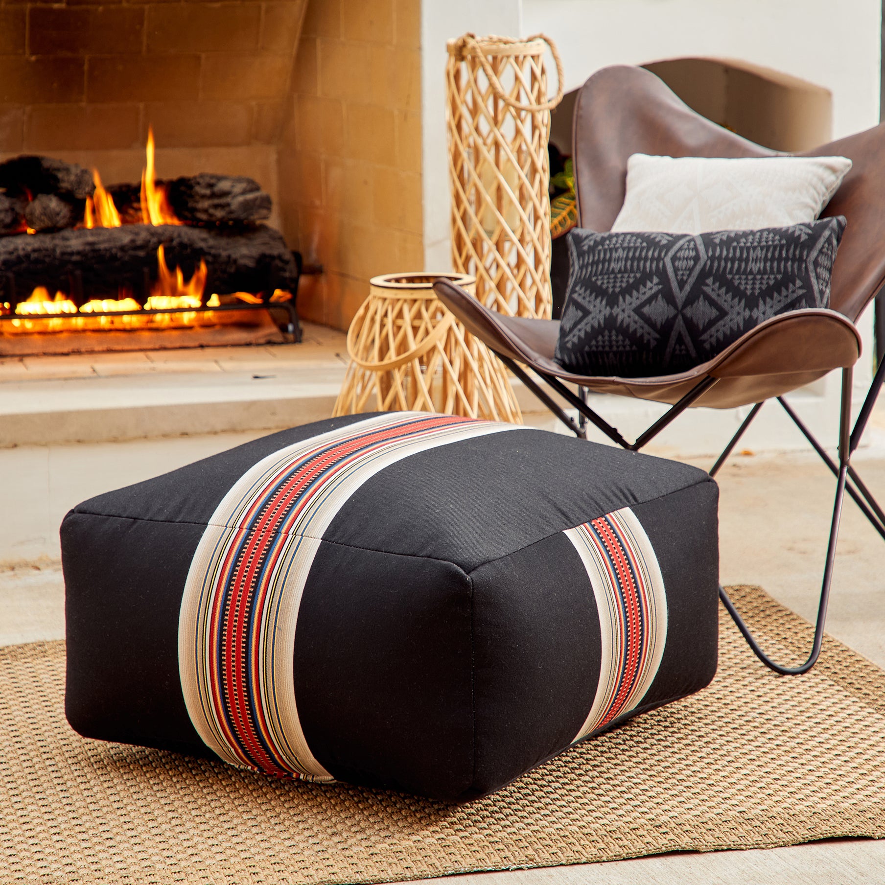 Sunbrella Pendleton 26 in Square Outdoor Bean Pouf - Acadia Park Blackwoods