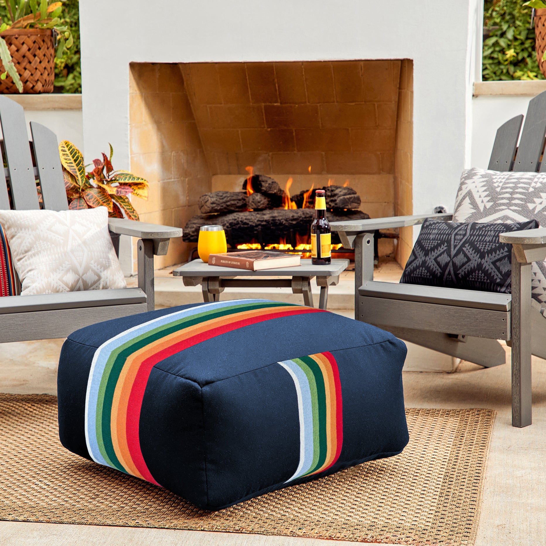 Sunbrella Pendleton 26 in Square Outdoor Bean Pouf - Crater Lake Surf