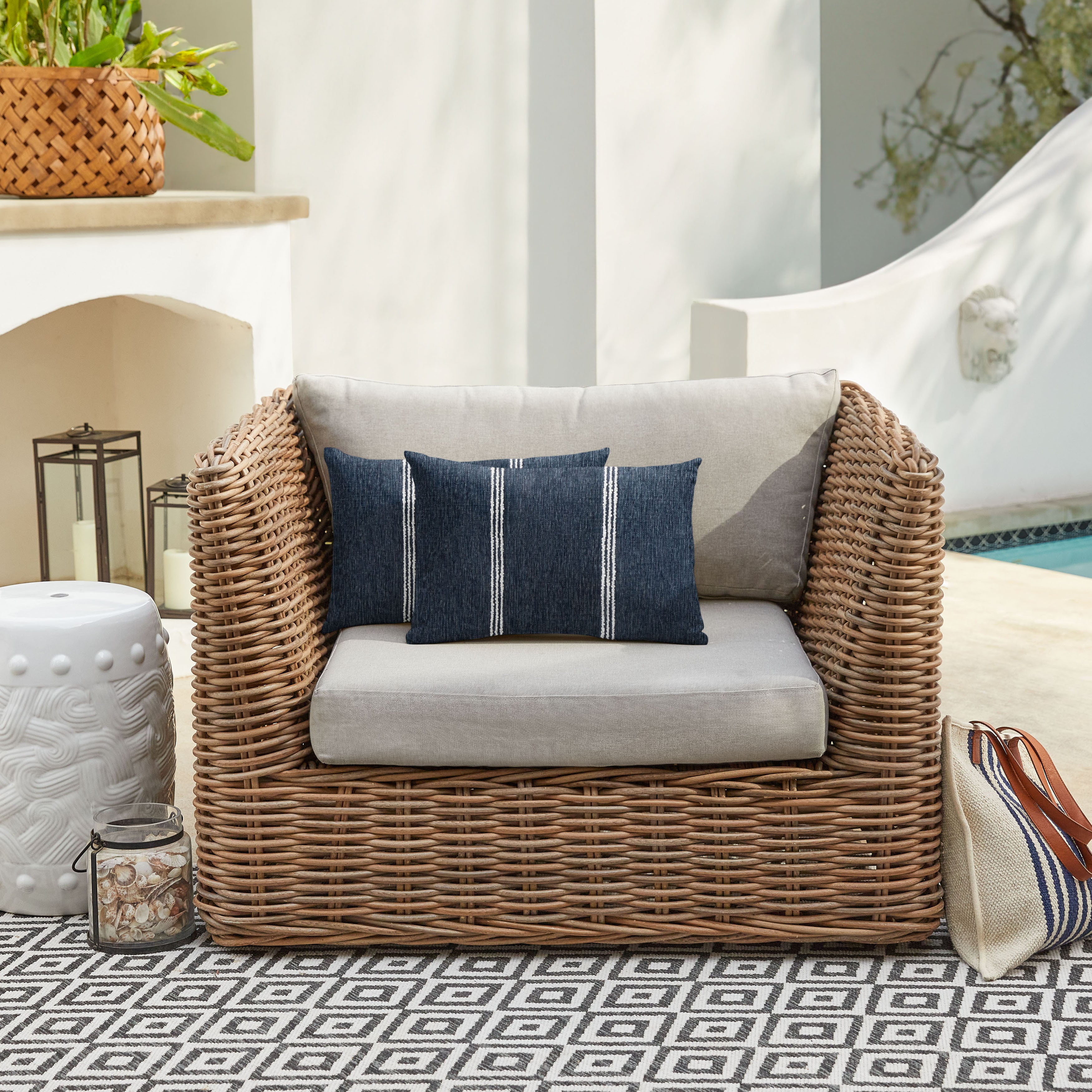 Sunbrella Stripe Knife Edge Outdoor Lumbar Pillow Set of 2 (Lengthen Indigo and Lengthen Stone)