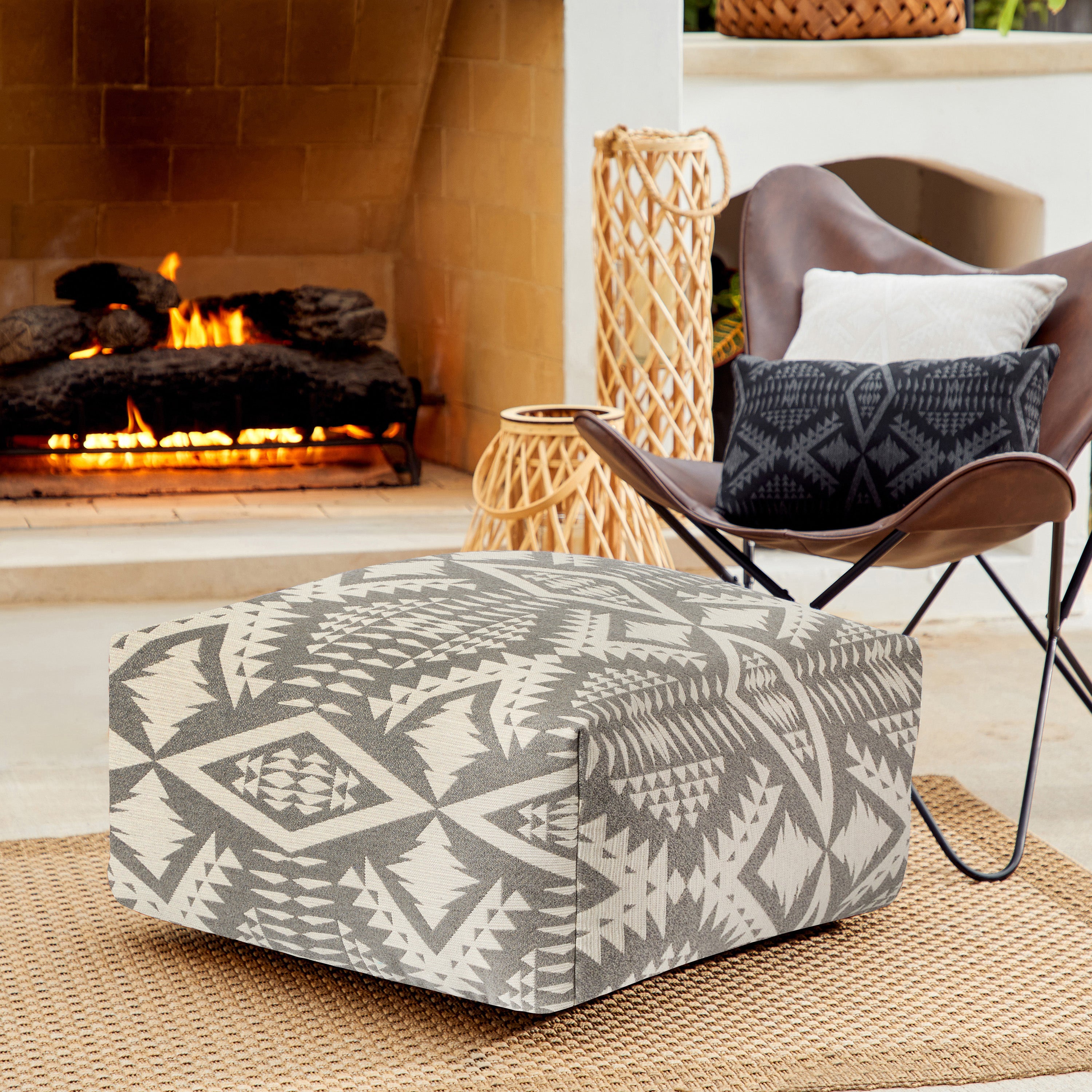 Sunbrella Pendleton 26 in Square Outdoor Bean Pouf - Diamond River II Fawn