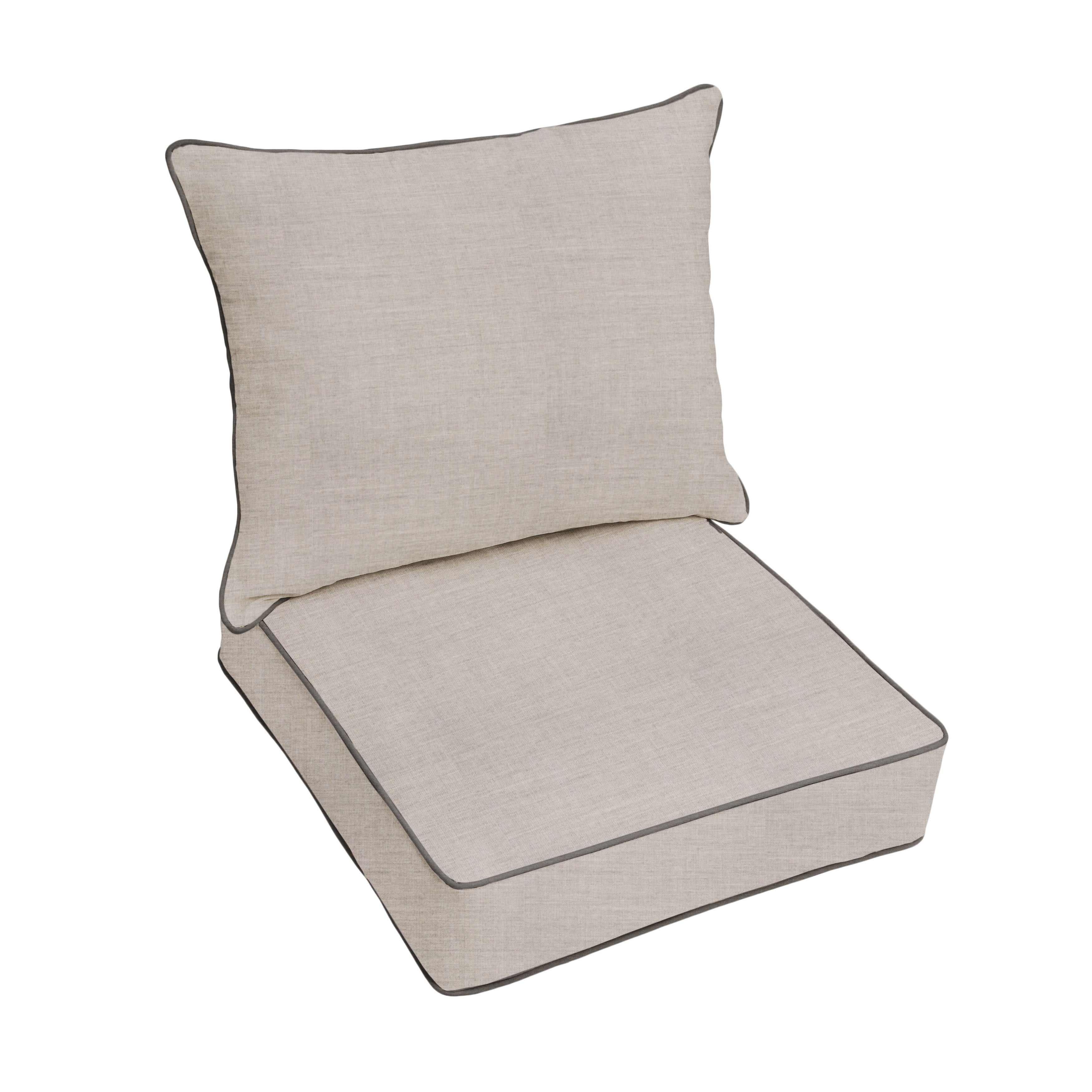 Sunbrella Deep Seating Corded Pillow and Cushion Set - Cast Silver with taupe cording