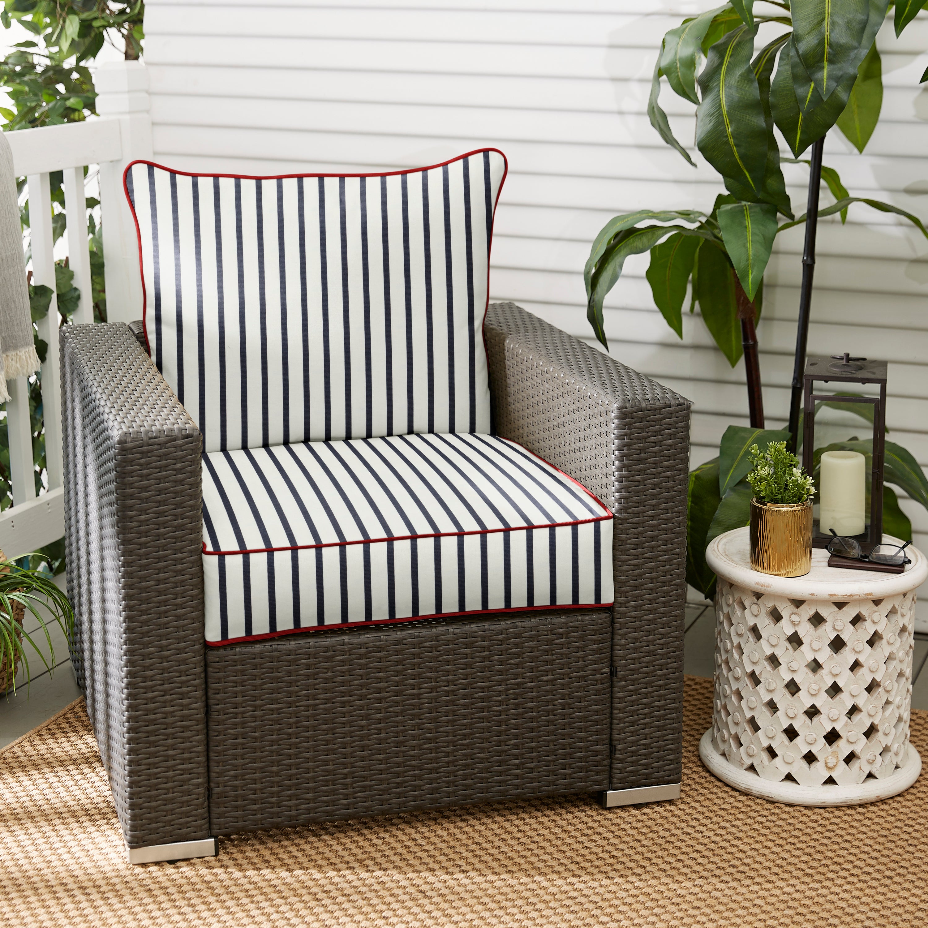 Sunbrella Lido Indigo Outdoor Deep Seating Cushion Set w/ Contrast Cording