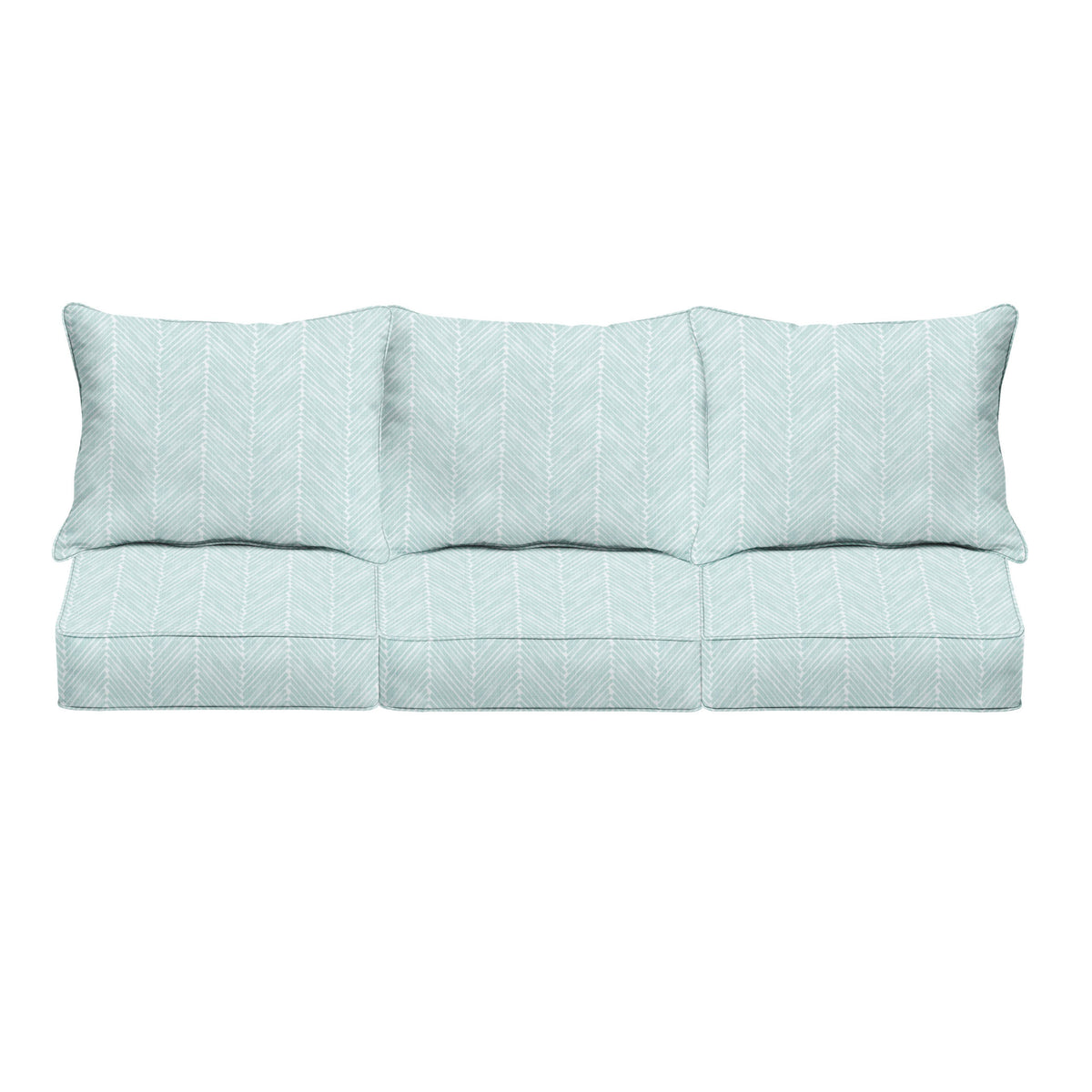 Light blue patterned sofa with three cushions, detailed fabric texture, and a subtle herringbone design.