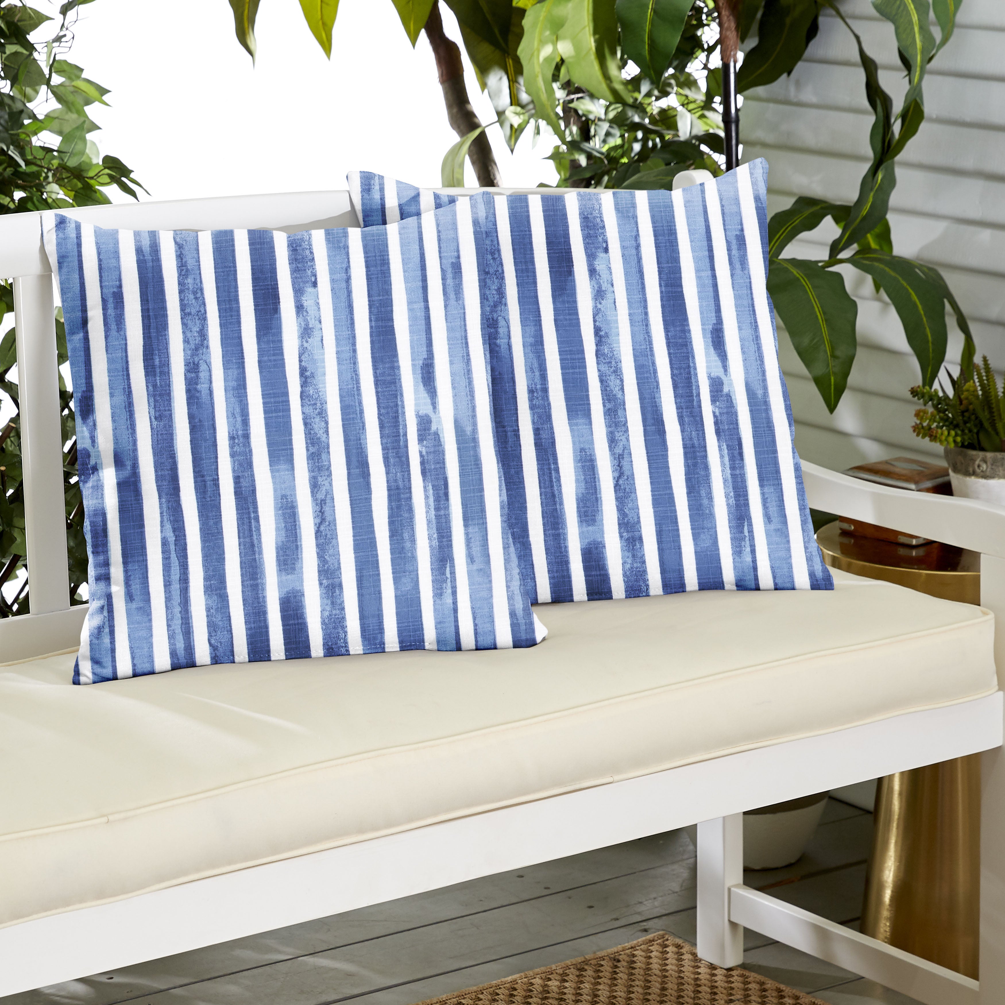 Nelson Commodore Blue Stripe Knife Edge Outdoor Square Pillow Set of 2