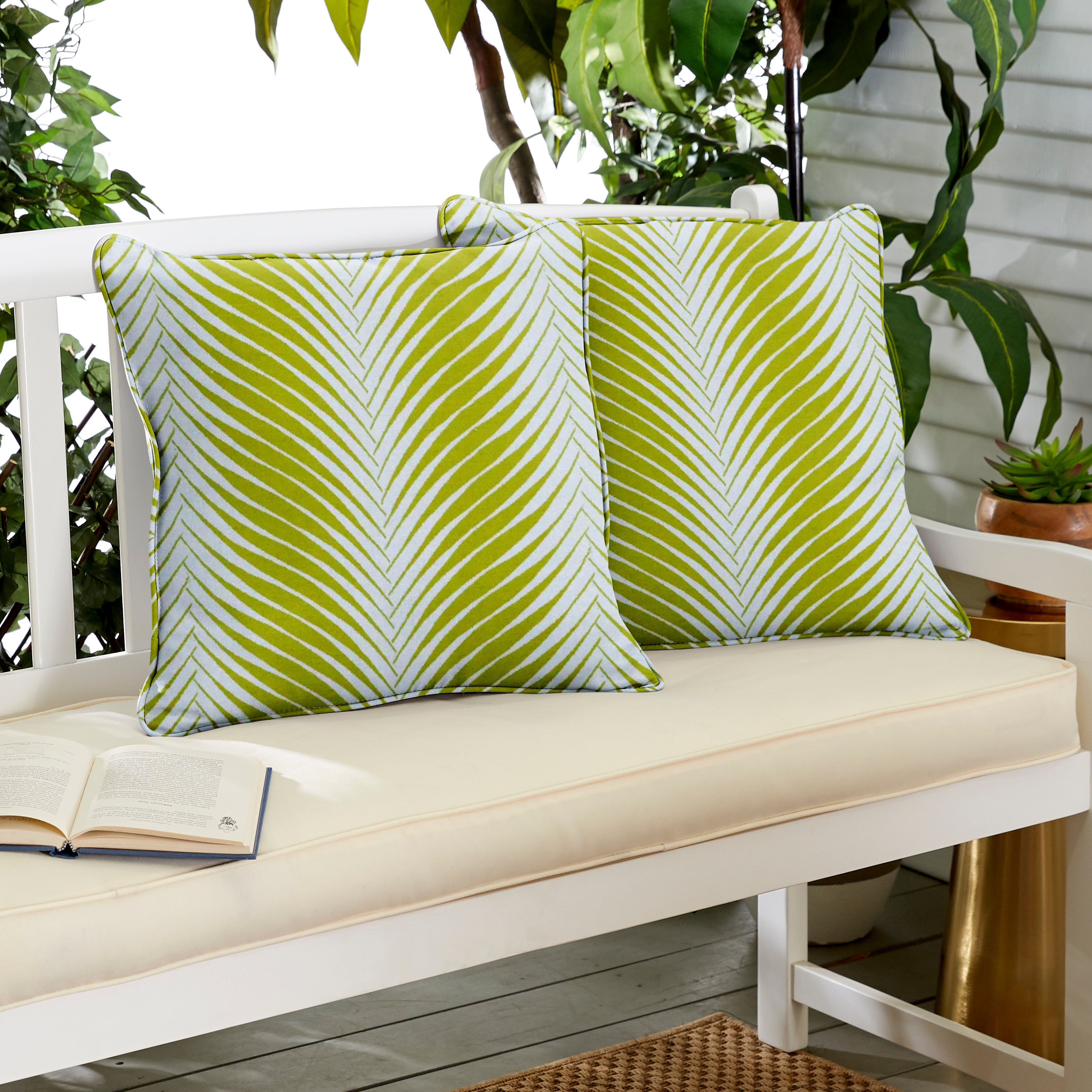 Clock Out Sunbrella Leaf Print Outdoor Square Pillow Set of 2