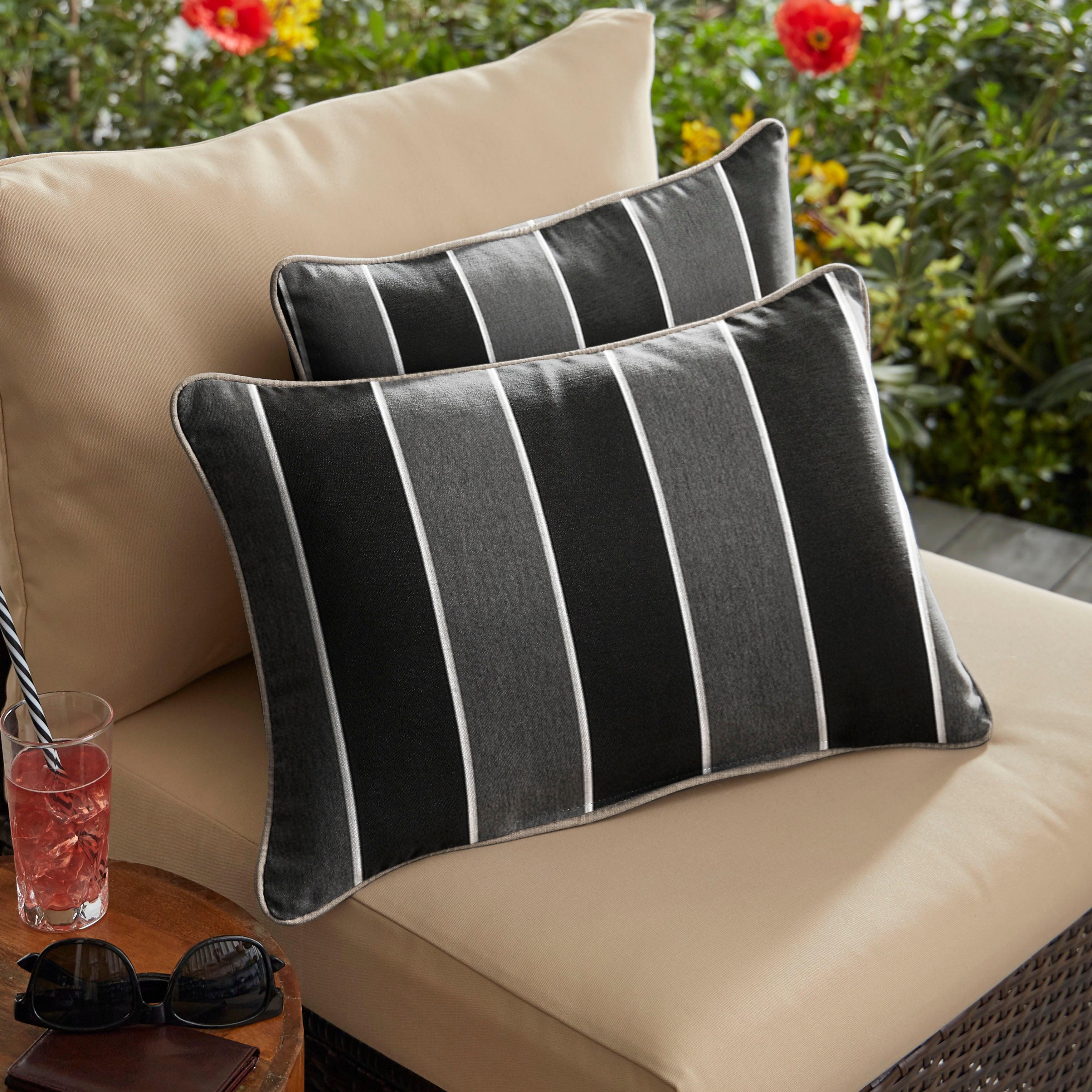 Sunbrella Peyton Granite with Contrast Cording Lumbar Corded Pillow (Set of 2) - Sorra Home