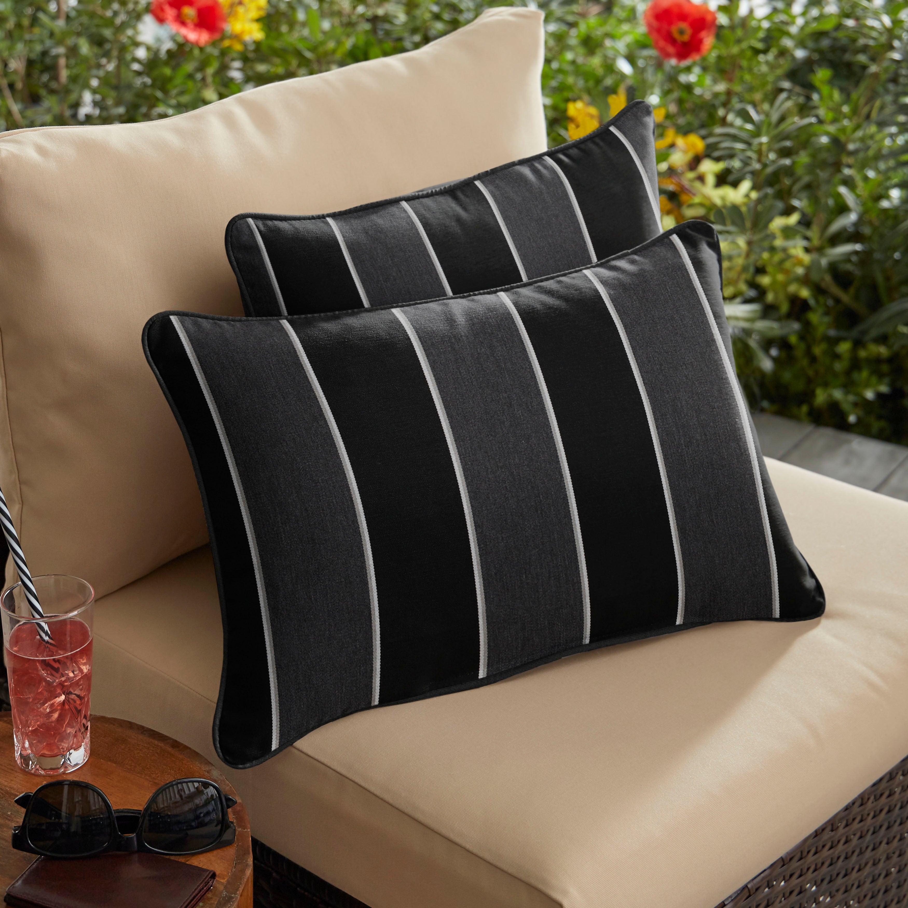 Sunbrella Peyton Granite with Contrast Cording Lumbar Corded Pillow (Set of 2) - Sorra Home